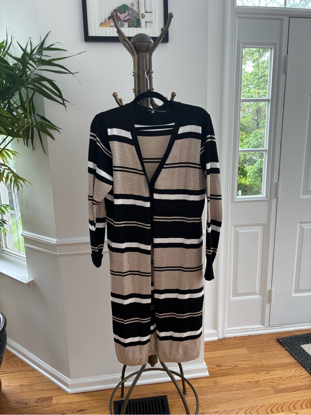 Milano Longline Striped Open-Front Cardigan — Black, Beige & White
